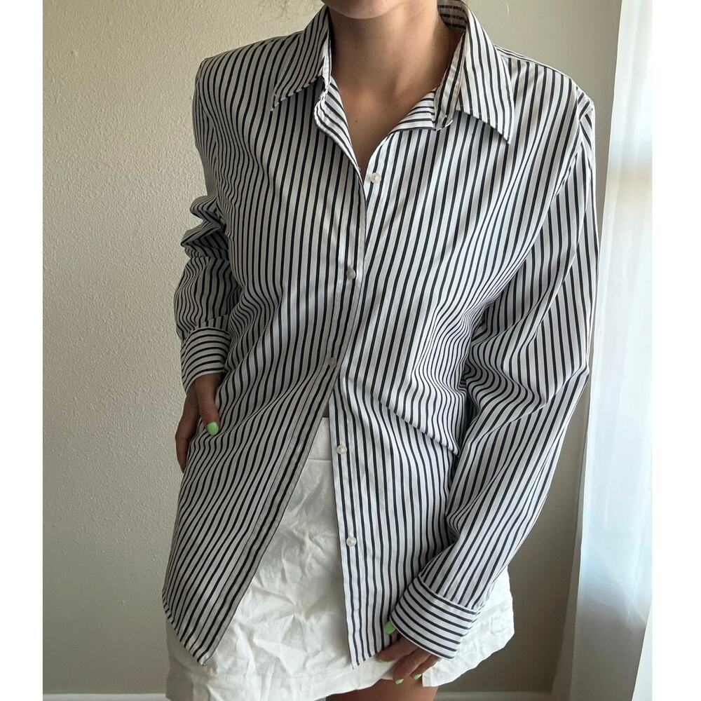 Chaps Black & White Stripe Button Up vacation summer preppy resort beach classic